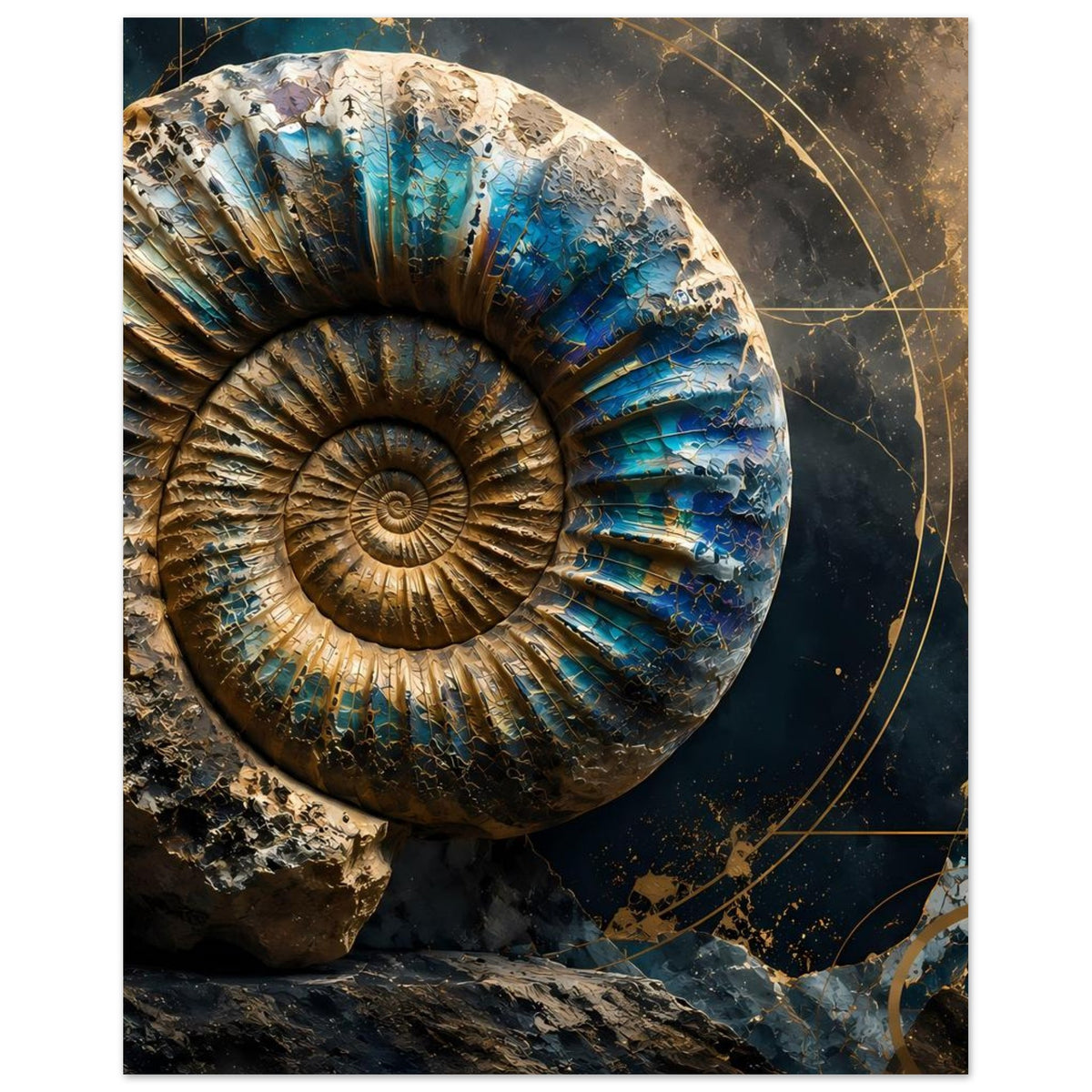 Kunstposter mit Ammonit-Fossil, petrolblau und goldfarben, Spiralschale mit Linien