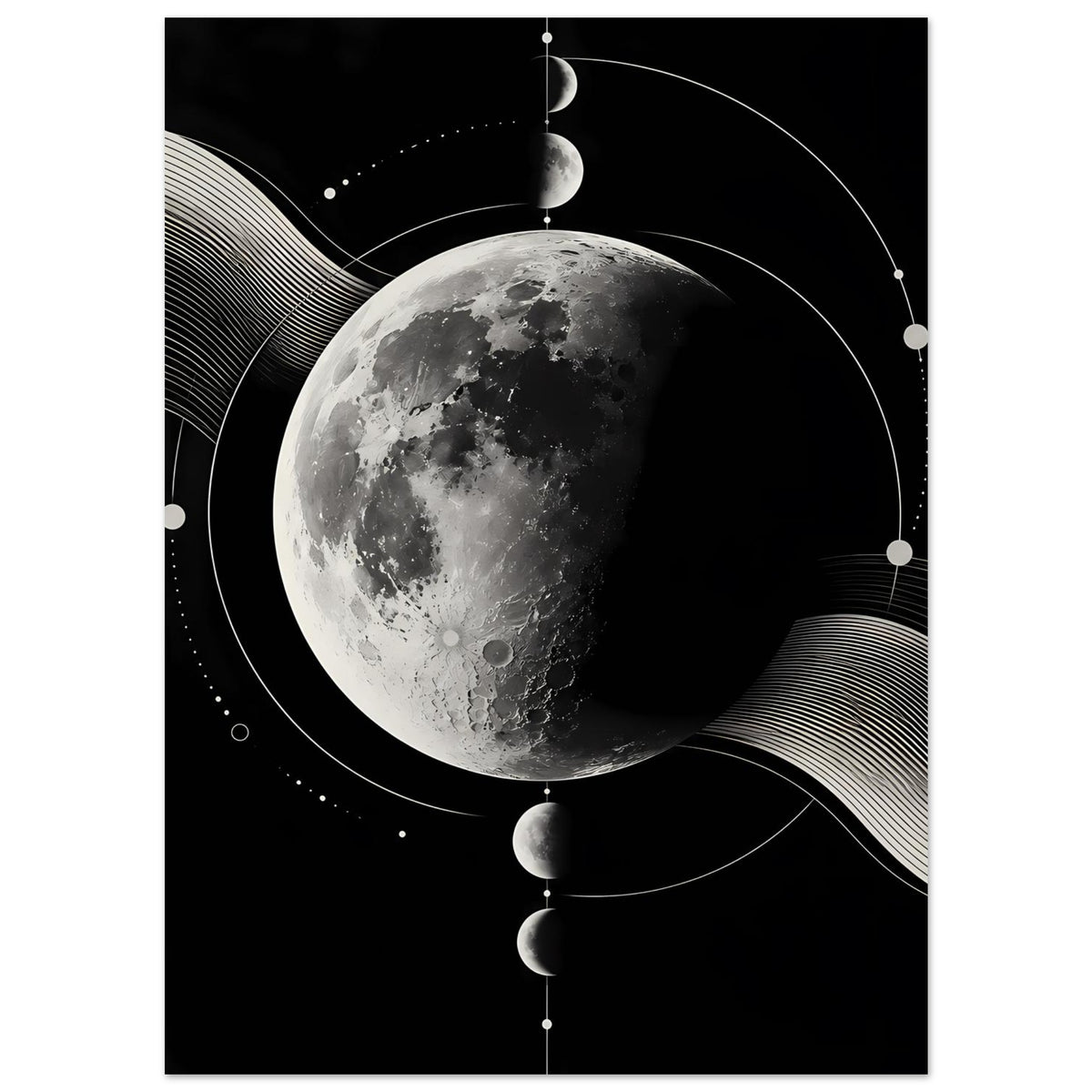 Poster mit Mondphasen: silbergrauer Mond, abstrakte Umlaufbahnen, Wellen und Punkte