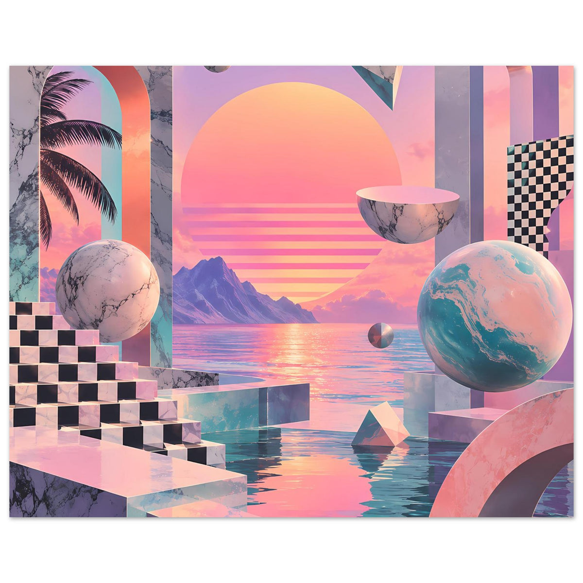 Poster im Querformat: Pinke Sonnenuntergangsszene mit geometrischen Elementen und Planeten