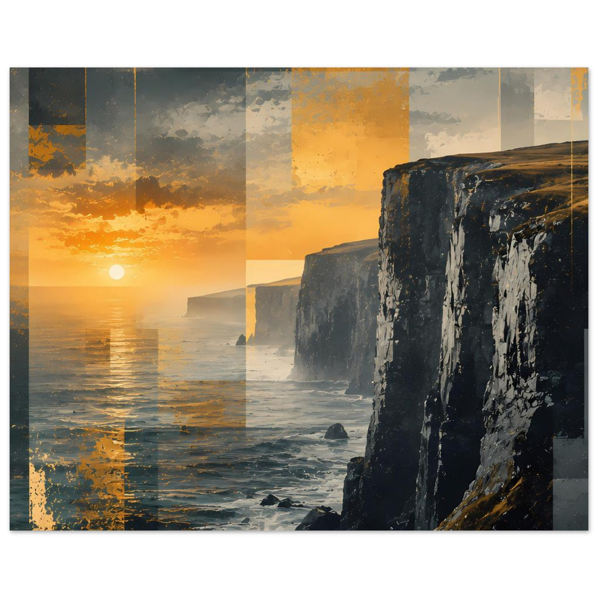 Weitformat-Poster mit Abendhimmel über dem Meer, Felswand und Wellen im Vordergrund
