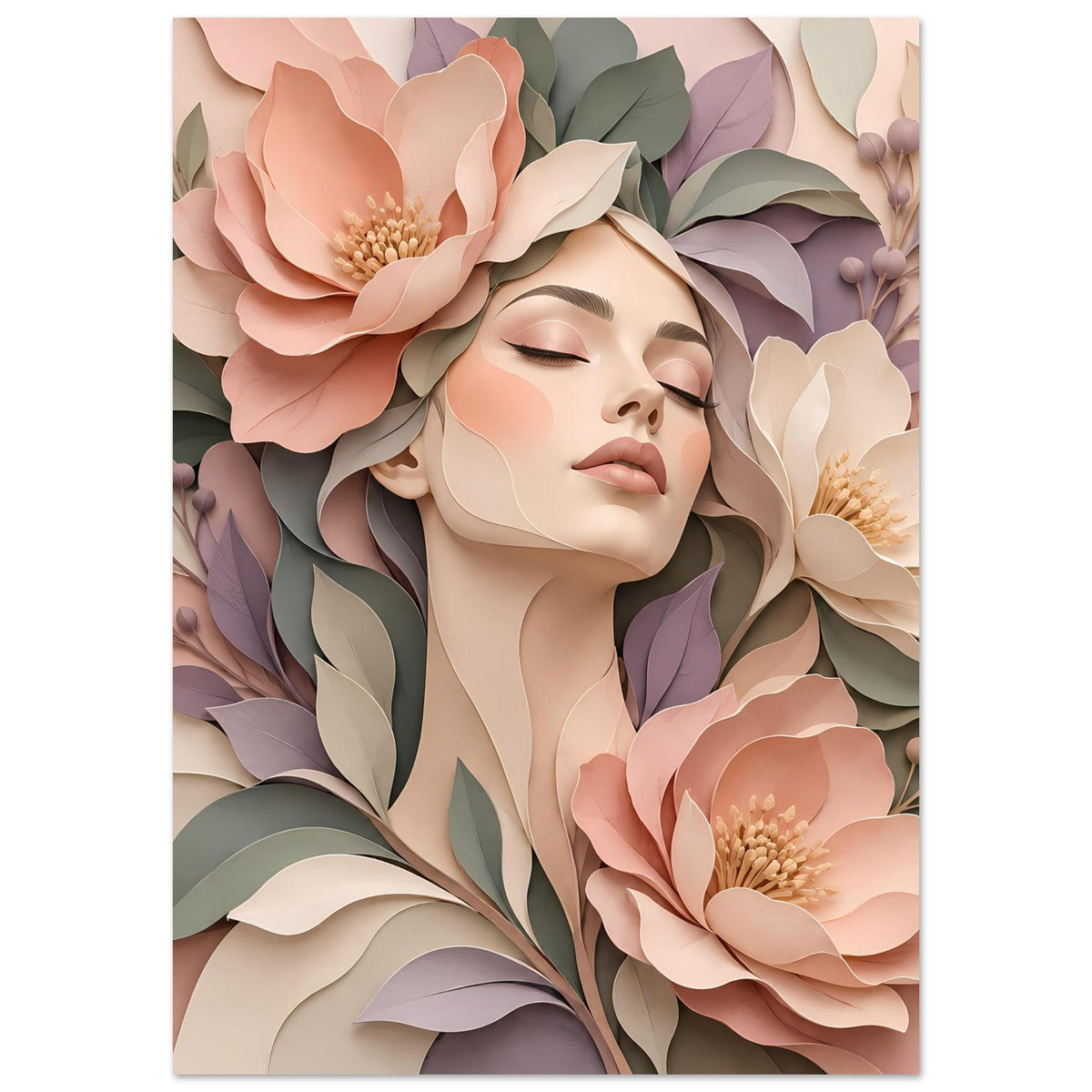 Florales Portrait-Poster mit Frauengesicht und Augen geschlossen, Pastellblüten, vertikal