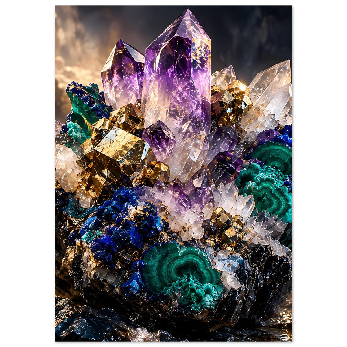 Kristallposter im Hochformat mit violetten Amethystkristallen und türkisgrünen Malachit-Formen.