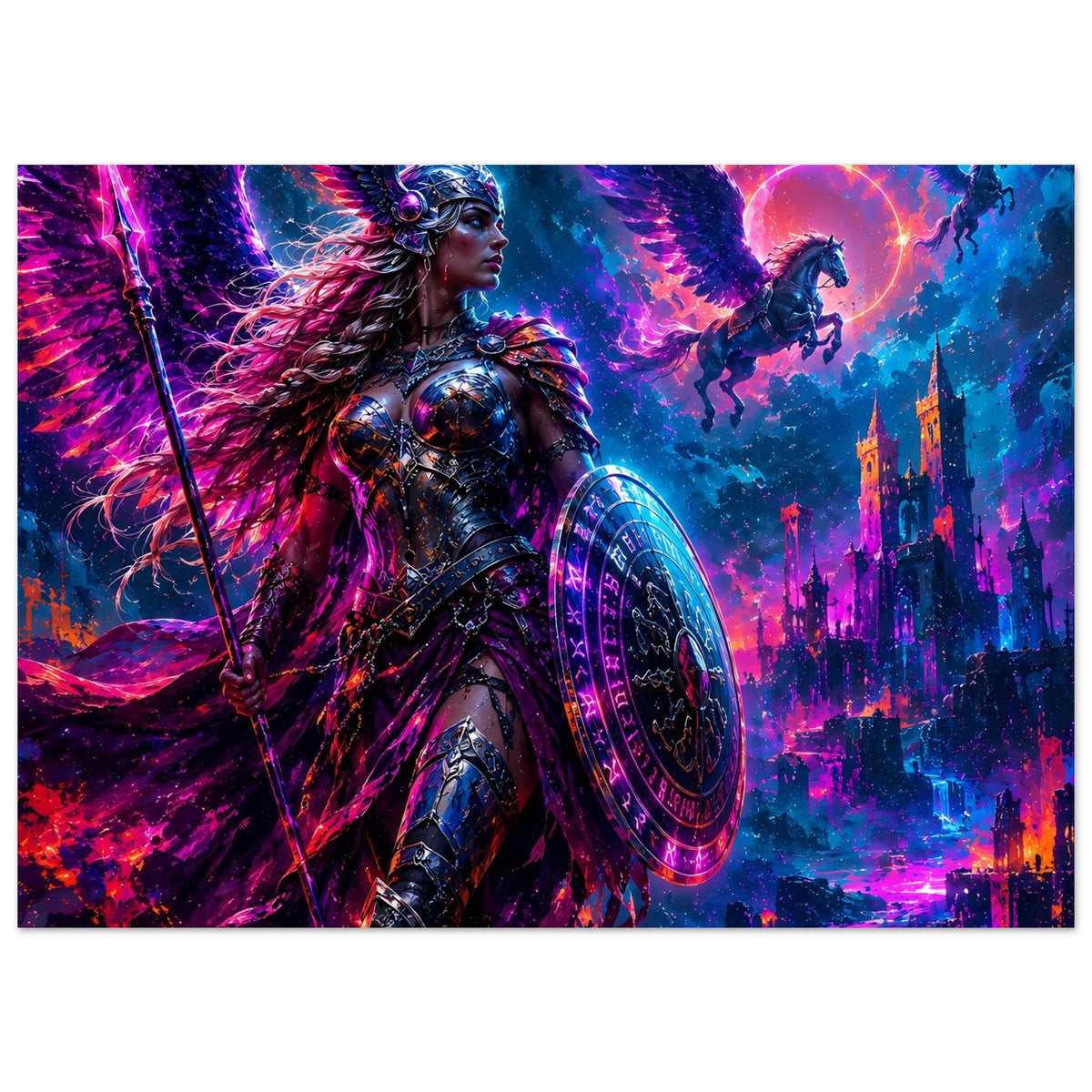 Fantasy-Poster mit Valkyrie in Rüstung und rundem leuchtendem Schild, Drachenfiguren im Hintergrund