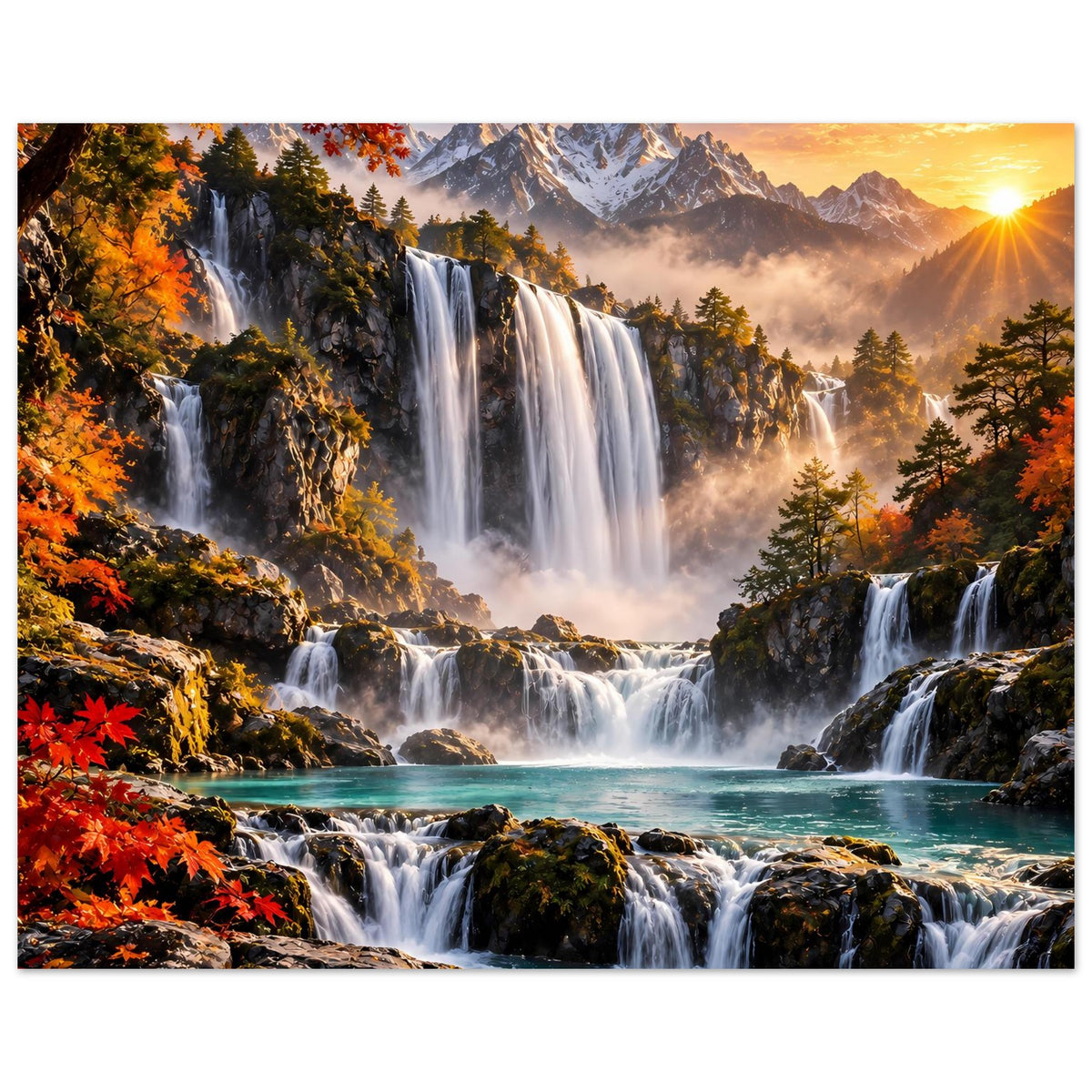Poster mit Wasserfalllandschaft im Querformat, Berggipfel, Herbstlaub und Sonnenstrahlen.