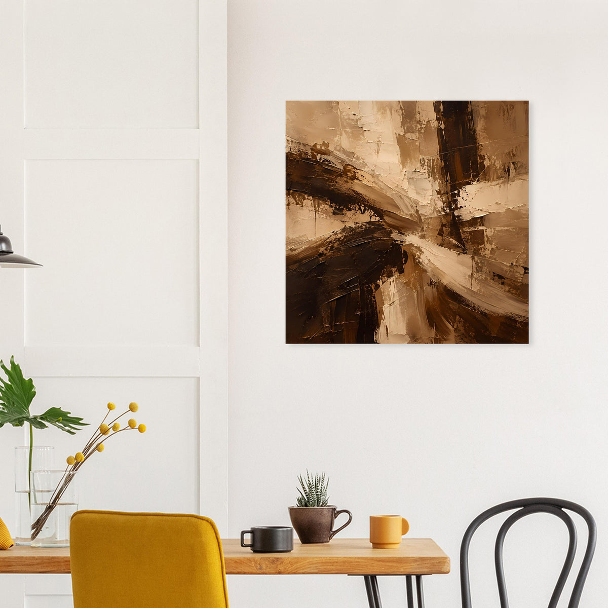 Abstraktes Erdtöne-Poster mit diagonalen Pinselstrichen, braun-beige mit dunklen Flecken, quadratisch
