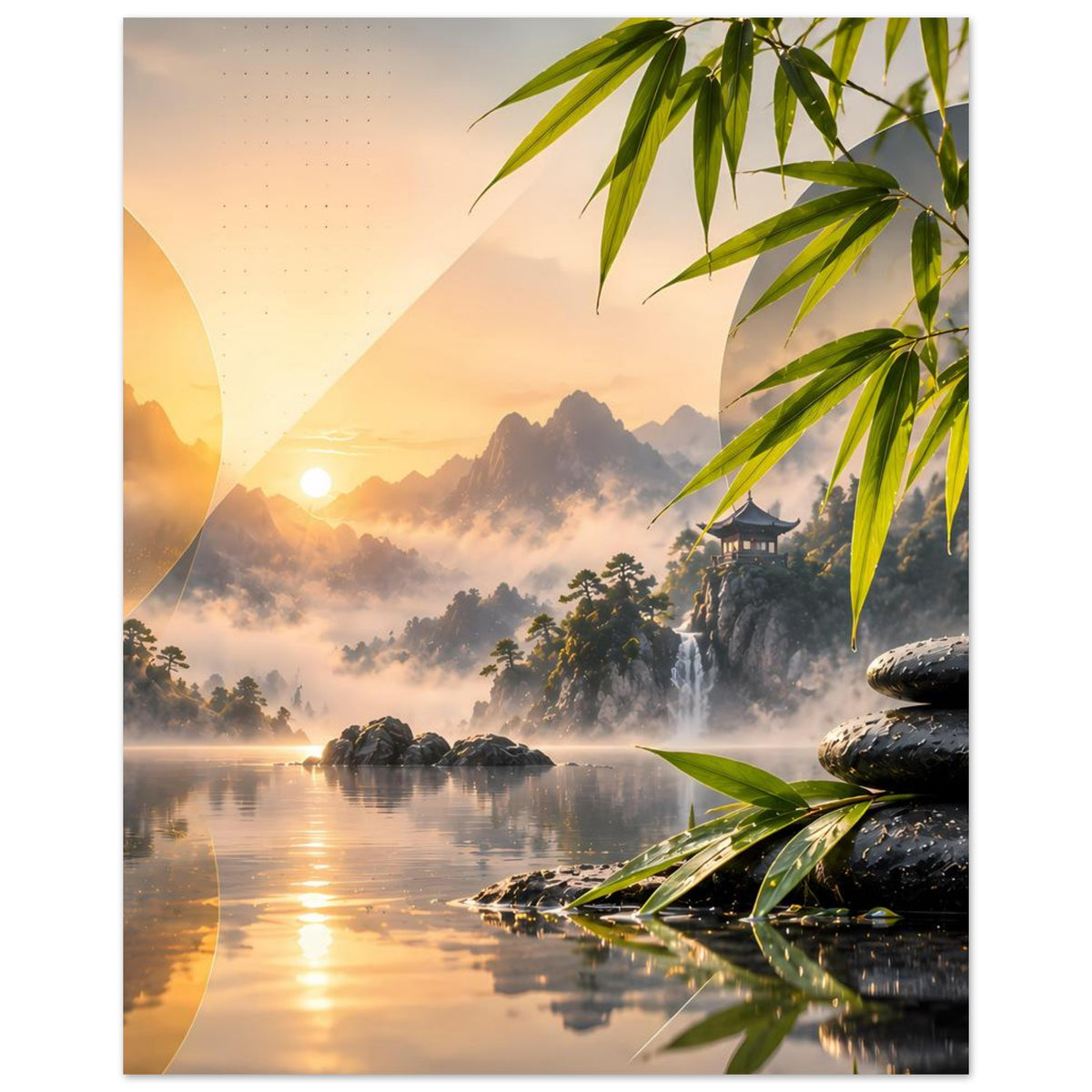 Zen-Bergsee-Poster, vertikal: Bambusblätter oben rechts, gestapelte Steine am Ufer, Berge und See