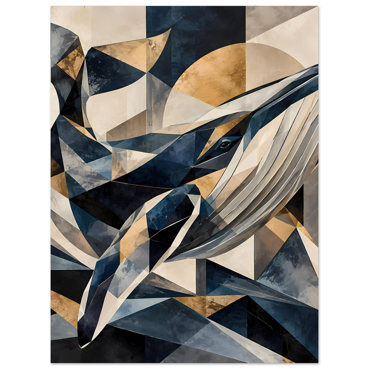 Geometrisches Wal-Poster mit V-förmigem Rücken und blau-gold-cremefarbener Grafik