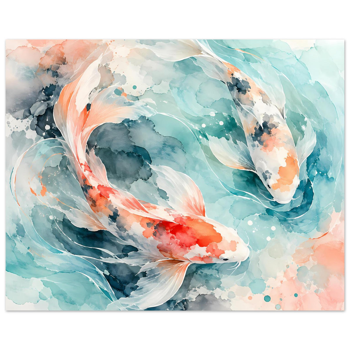 Querformatiges Koi-Fisch-Poster mit Aquarellfarben, türkis und orange, mit Spritzern