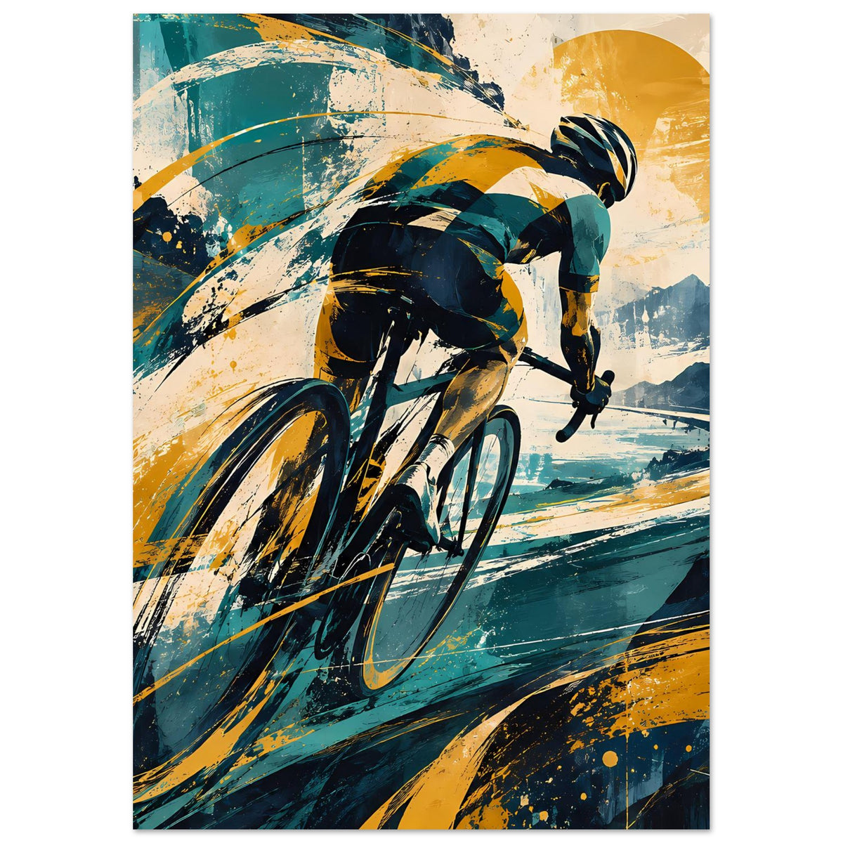 Sportposter im Hochformat: Rennradfahrer mit gebeugtem Oberkörper, Blau-Gelb-Design