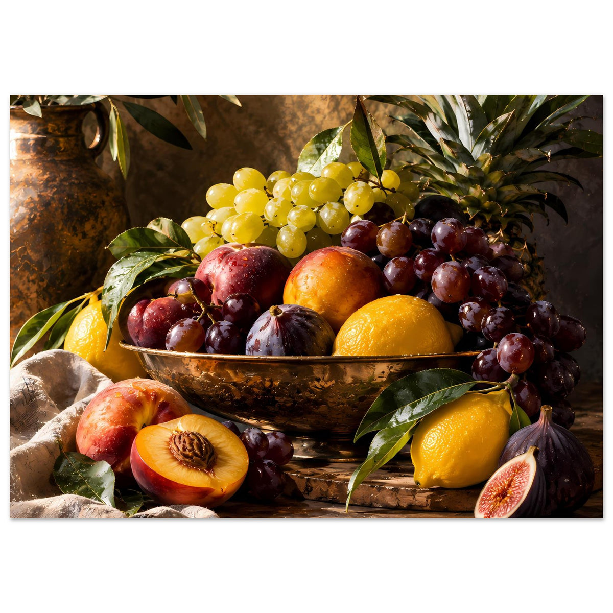 Obststillleben-Poster: Trauben in Schale, daneben Pfirsich und halbierte Frucht