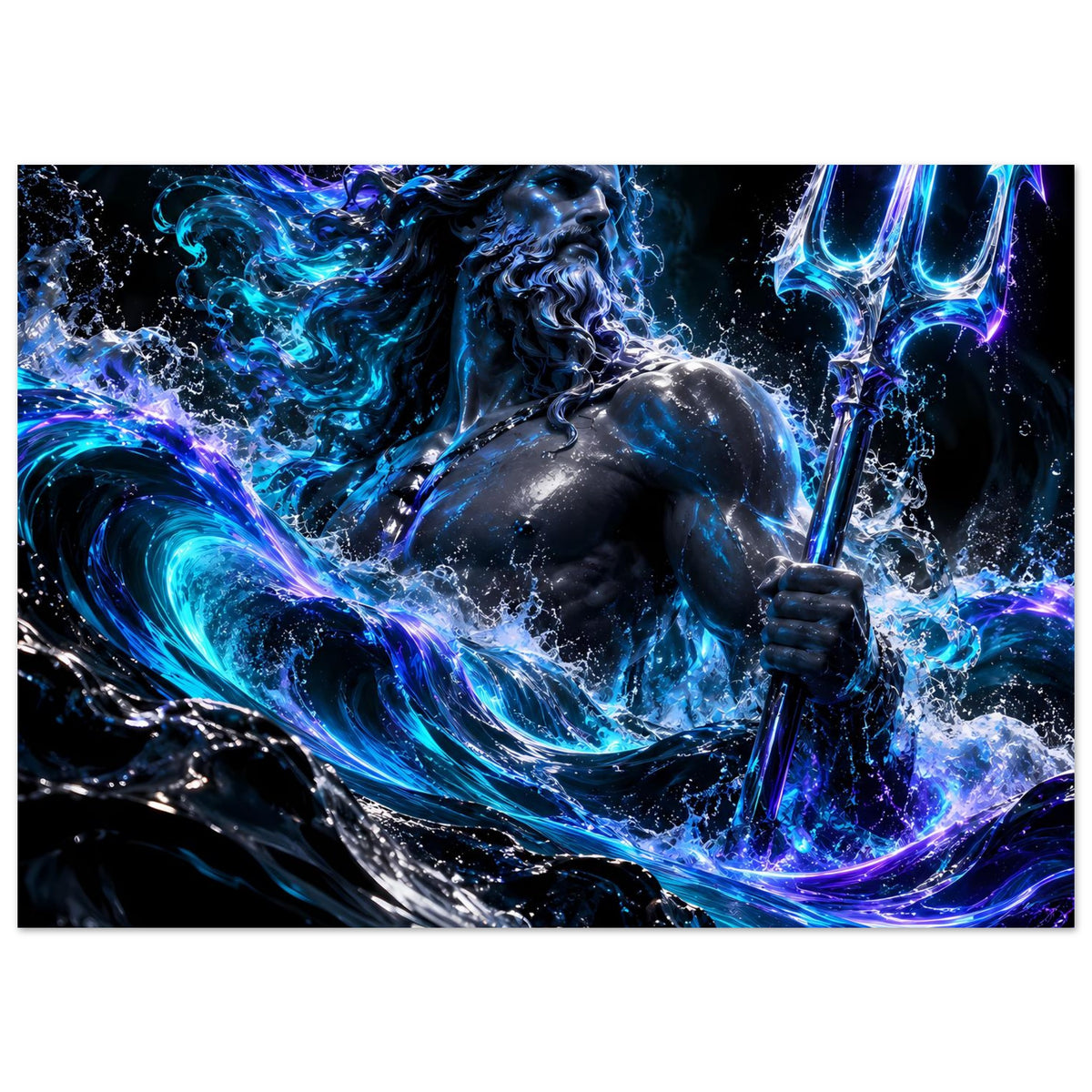 Poster im Querformat mit Poseidon: dynamische Wellen und Spritzer, Dreizack in Blau