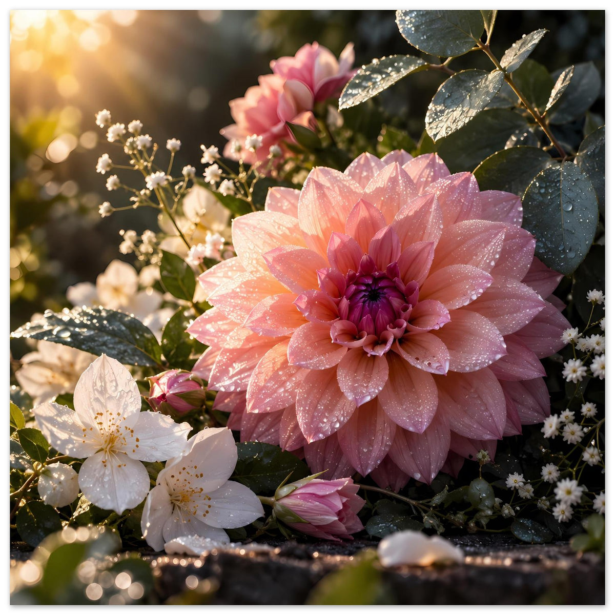 Blumenposter mit großen rosa Blüten, weißen Blüten und grünen Blättern mit Wassertropfen