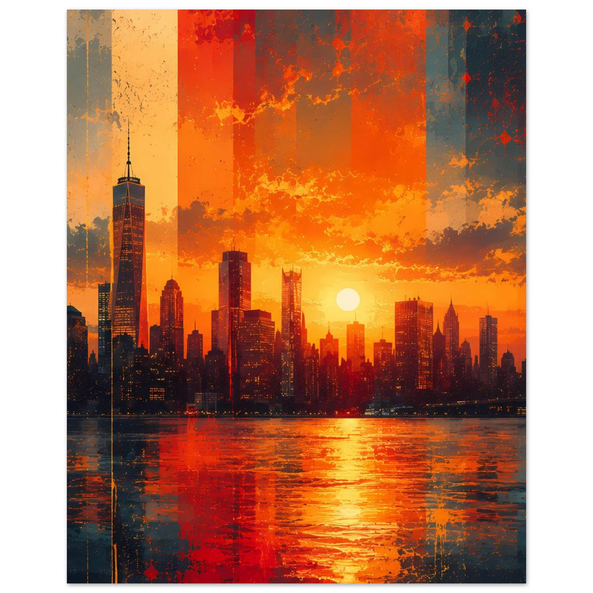 Stadtskyline-Poster mit markanten Hochhäusern, orange-roter Himmel und Reflexion im Wasser