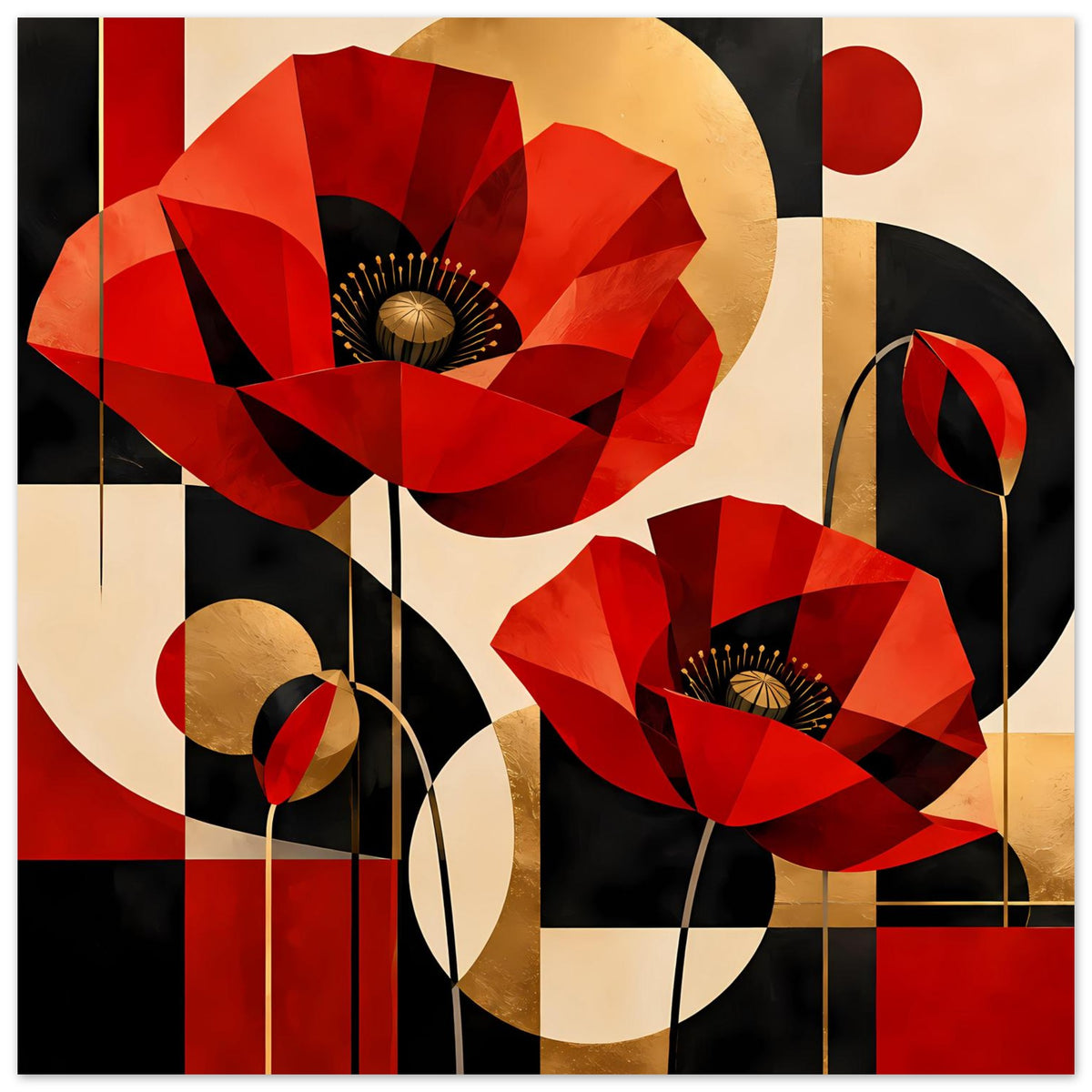 Abstraktes Kunstposter mit roten Mohnblumen, goldfarbenen Kreisen und rot-schwarzem Raster
