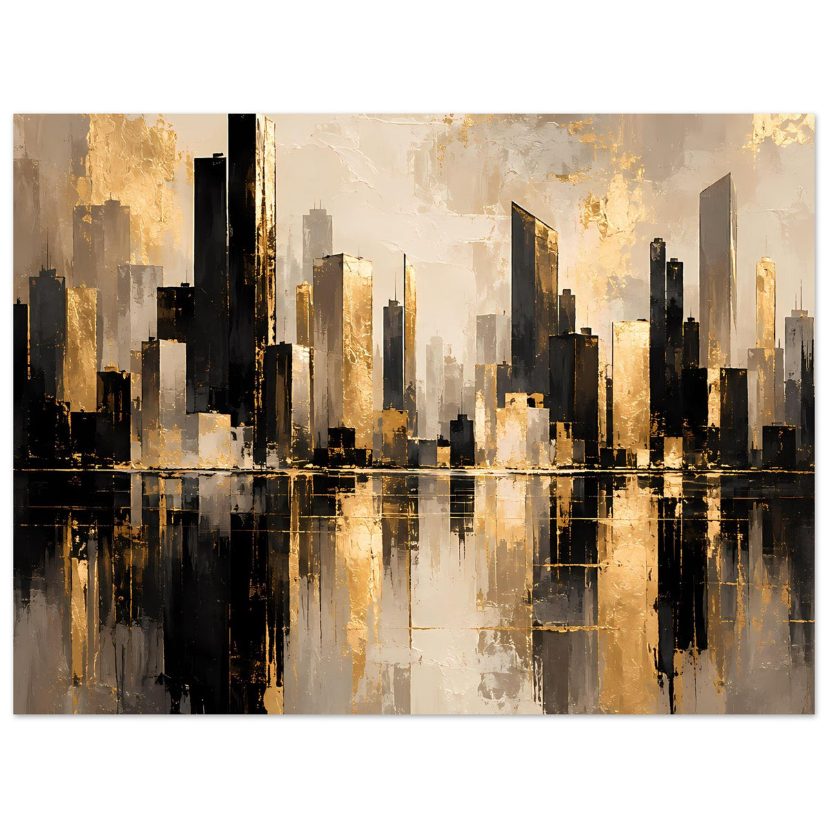 Breites Stadtposter mit goldener Skyline und Spiegelung im Wasser, dunkle Hochhäuser