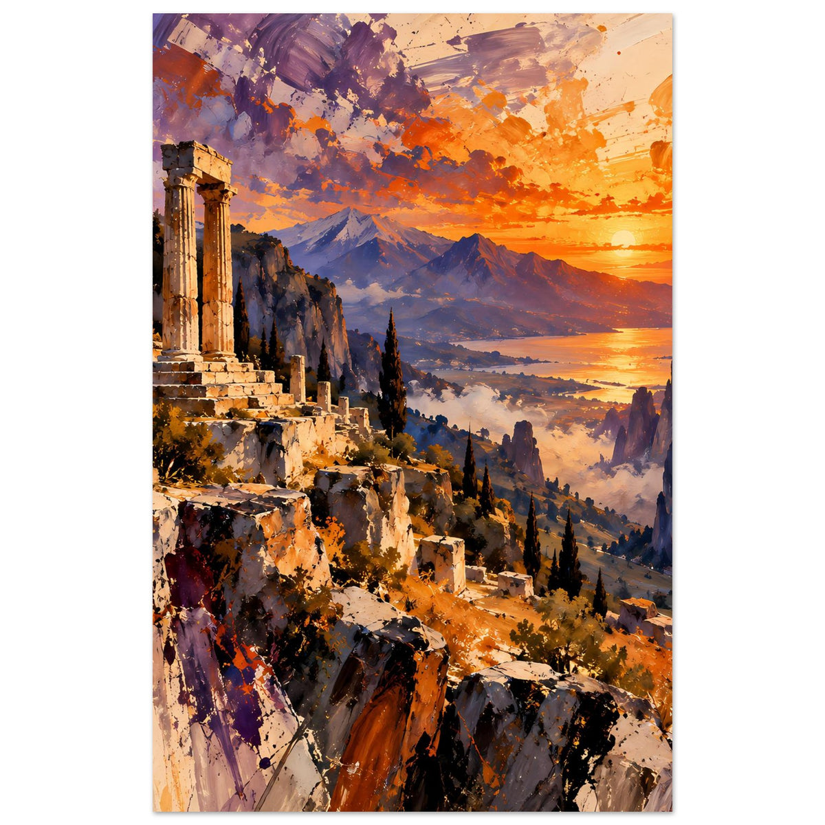 Vertikales Poster mit antiken Säulenruinen, Sonnenuntergang über Berglandschaft