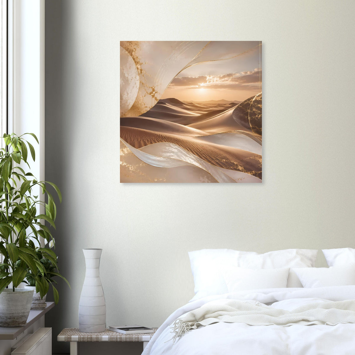 Quadratisches Poster mit Wüstendünen, gold-beigen Farbtönen und Sonne im Horizont