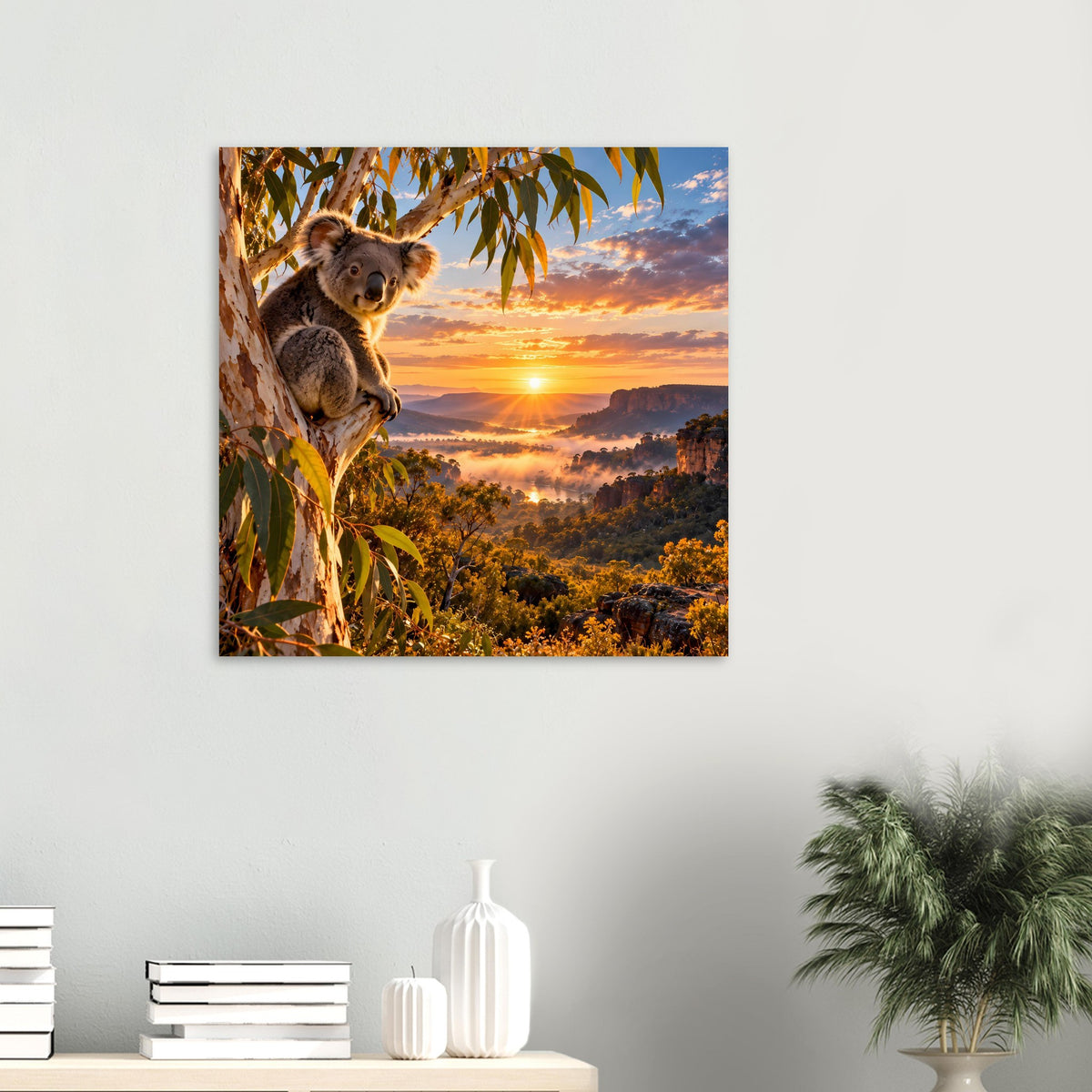 Koala-Poster quadratisch an der Wand: Koala am Baum vor hellem Sonnenuntergang über Landschaft