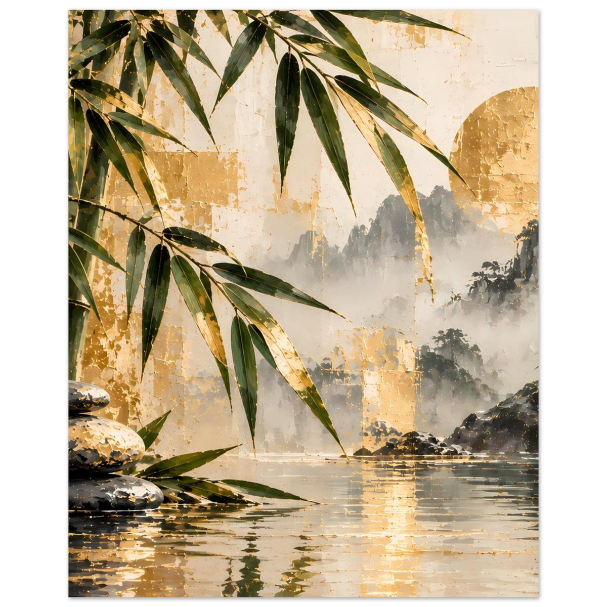 Bambus-Wasserfallposter mit Bambuszweigen links, goldfarbenen Flächen und Nebel im Hintergrund
