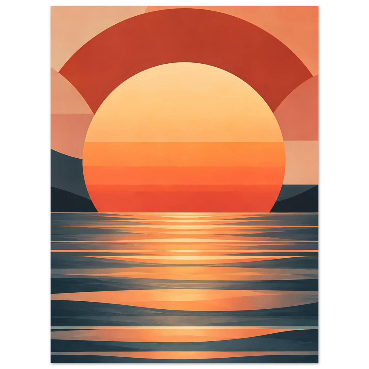 Wandposter mit Halbkreis-Sonne: orange-roter Himmel über dunklem Wasser mit feinen Horizontbändern