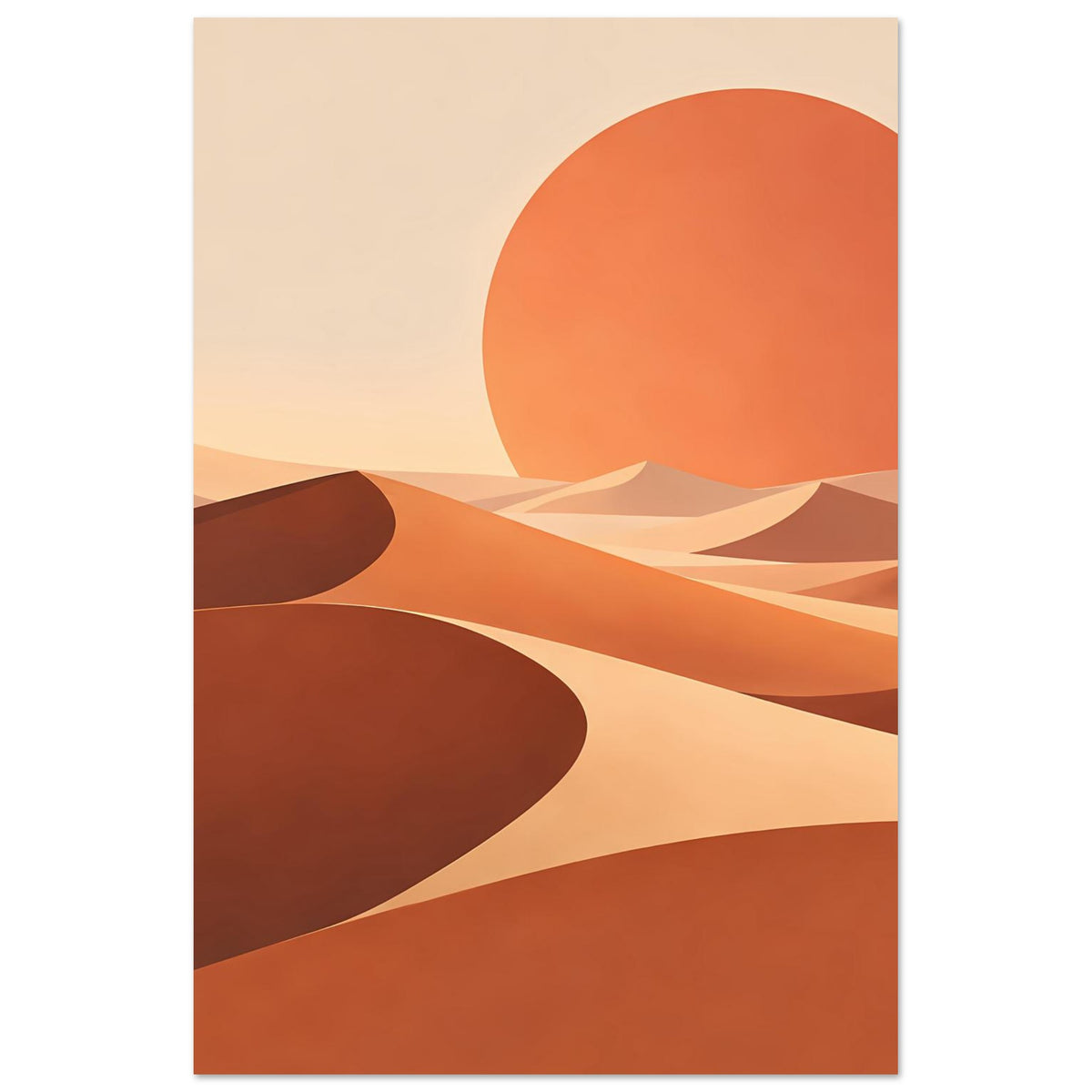 Abstraktes Wüsten-Sonnenuntergang-Poster: orangefarbene Sonne, Dünen in Ocker und Dunkelbraun