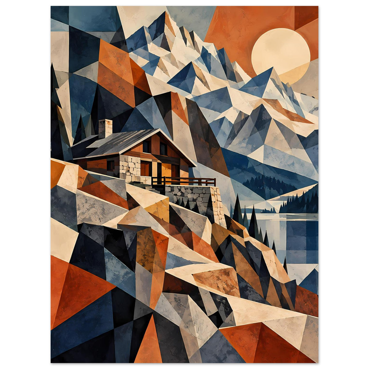 Geometrisches Berglandschafts-Poster mit Hütte, Bergkämmen und Sonnenkreis in Blau und Rostrot