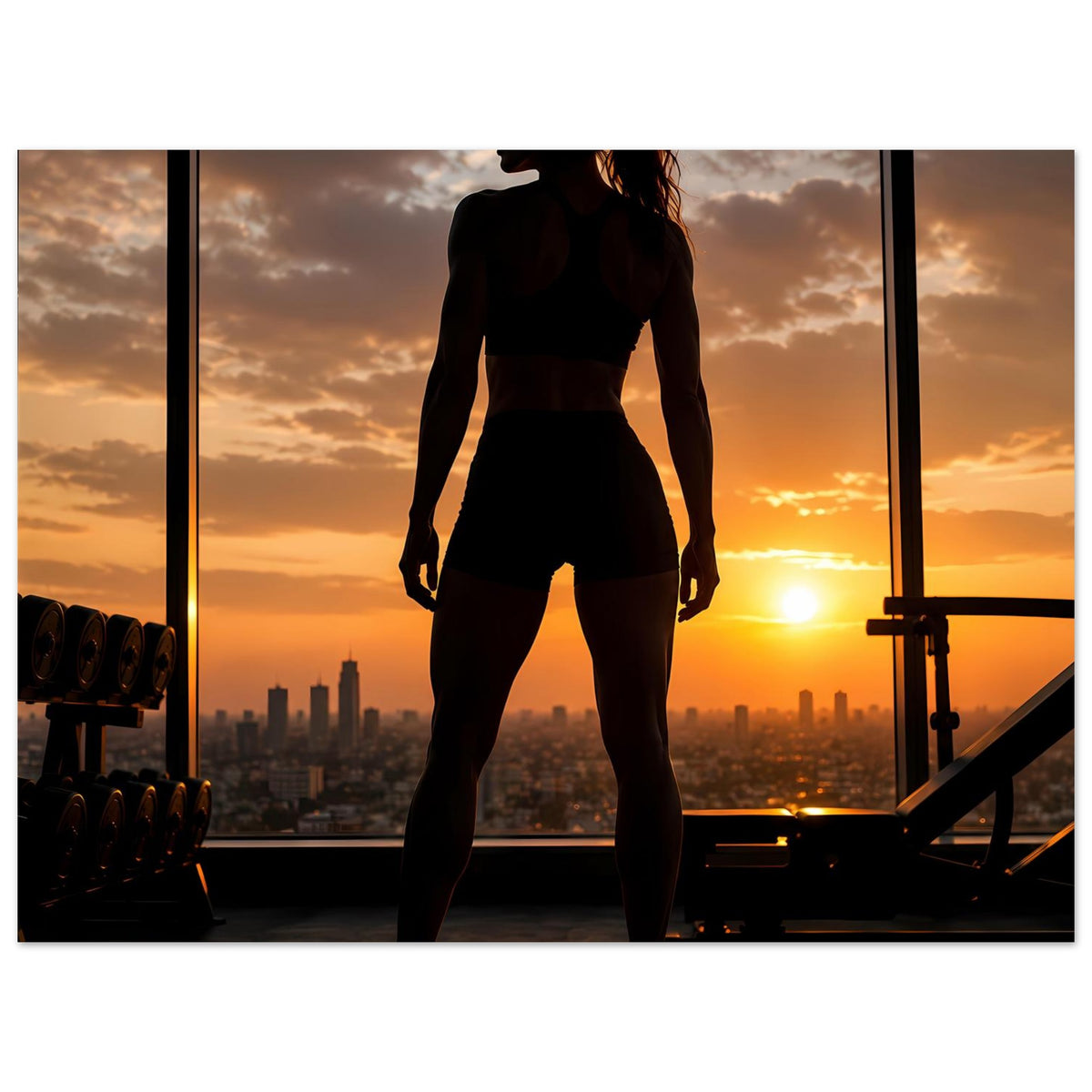 Fitness-Poster: Silhouette einer Frau im Sportoutfit vor Sonnenuntergang über der Stadt