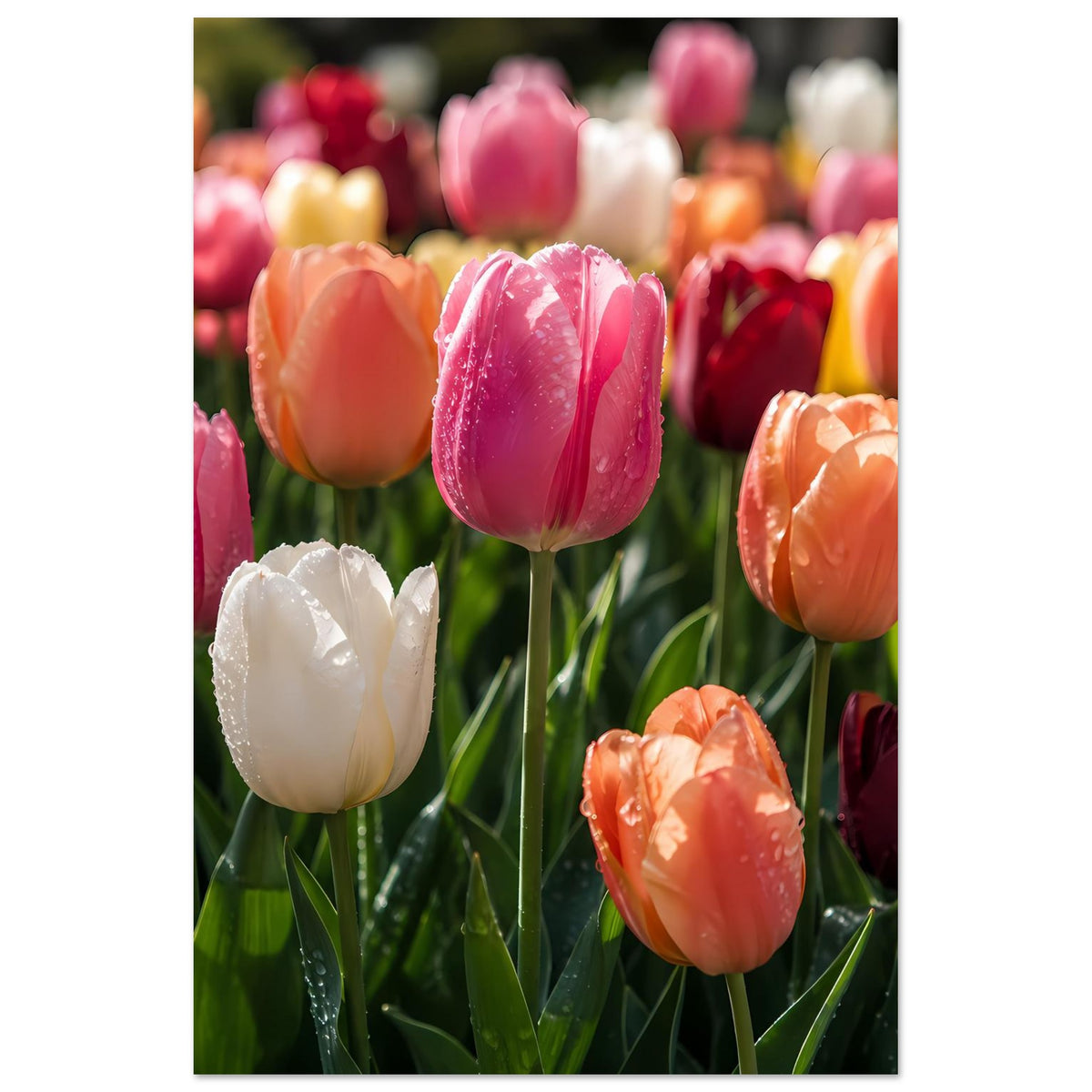 Tulpenposter mit farbigen Blüten und grünem Blattwerk, hochwertige matte Fotodruck-Optik