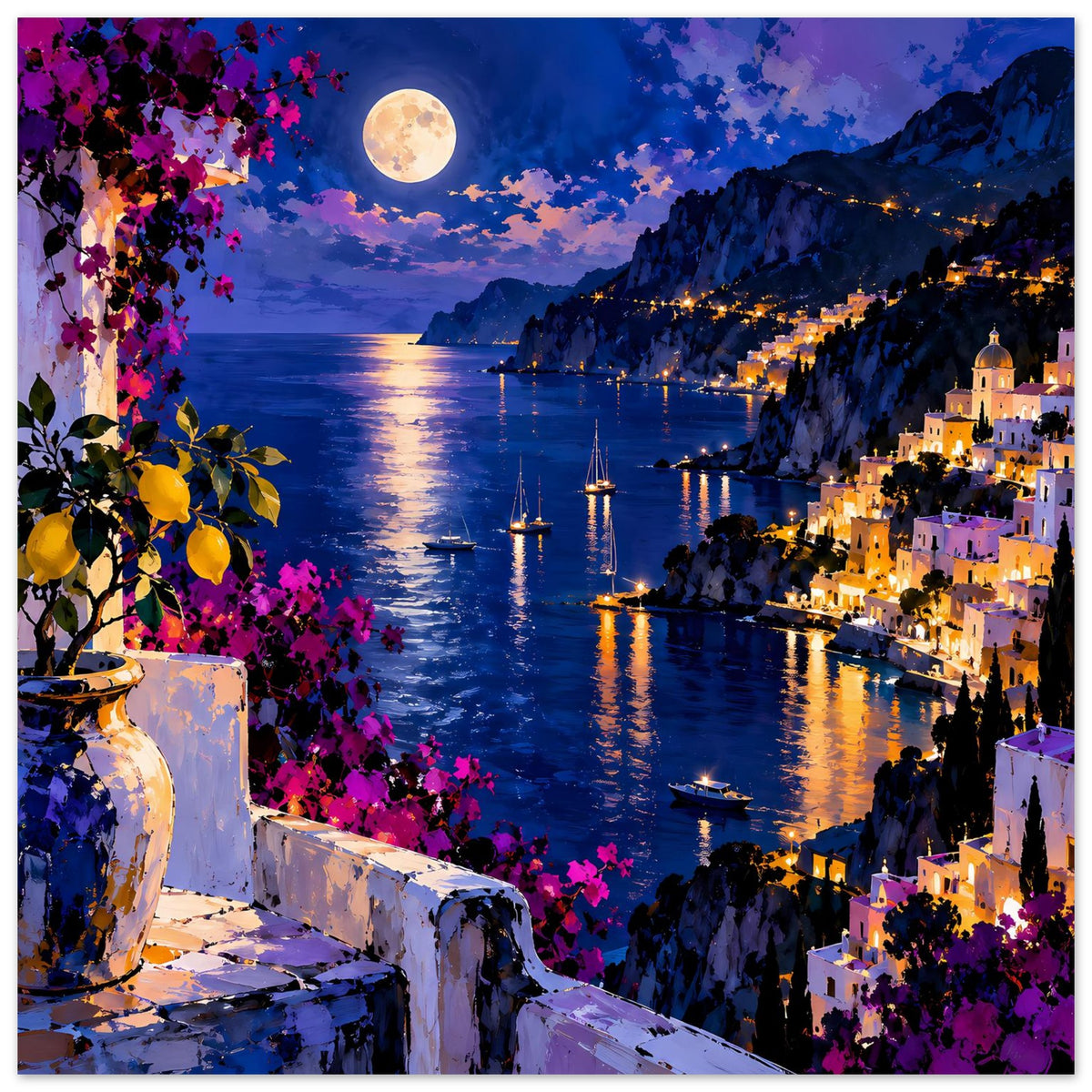 Beleuchtetes Küstendorf bei Nacht mit Bougainvillea-Blüten