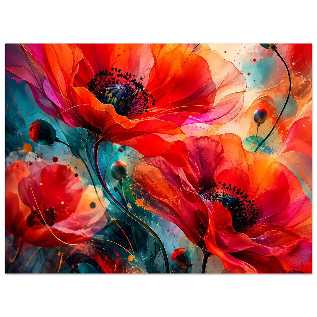 Horizontales Kunstposter mit roten Blüten und bunten Sprenkeln