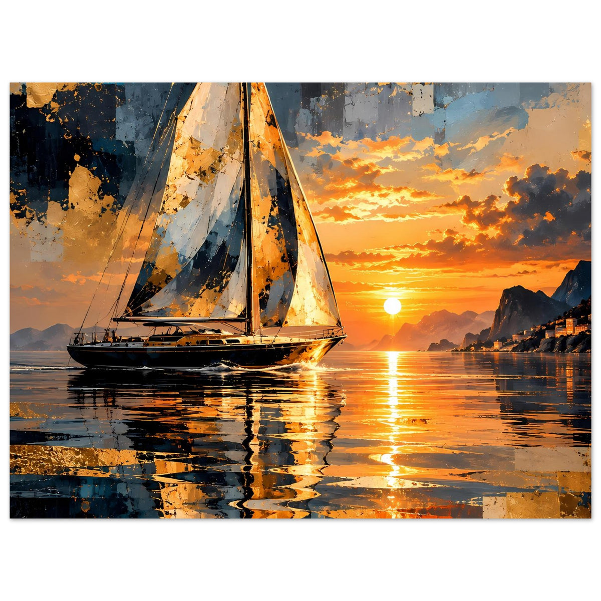 Poster mit Segelboot, orange-goldene Wolken und reflektiertem Licht auf ruhigem Wasser