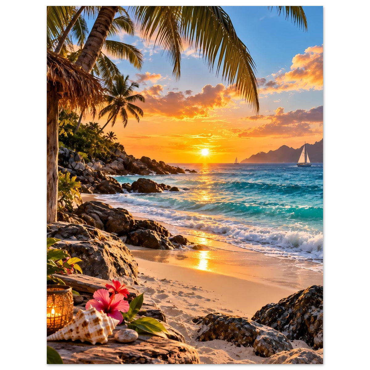 Hochformat-Strandposter mit Sonnenuntergang, Palmen, Wellen am Ufer, Steinen und Blumen