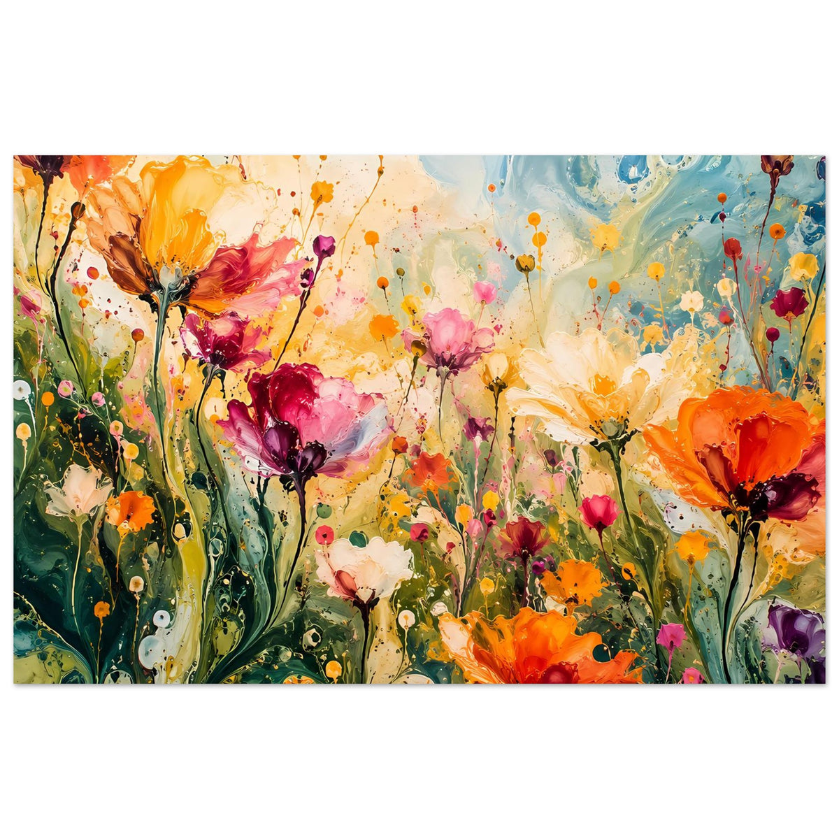 Buntes abstraktes Blumenposter mit orange, rosa und violetten Blüten und Punkten