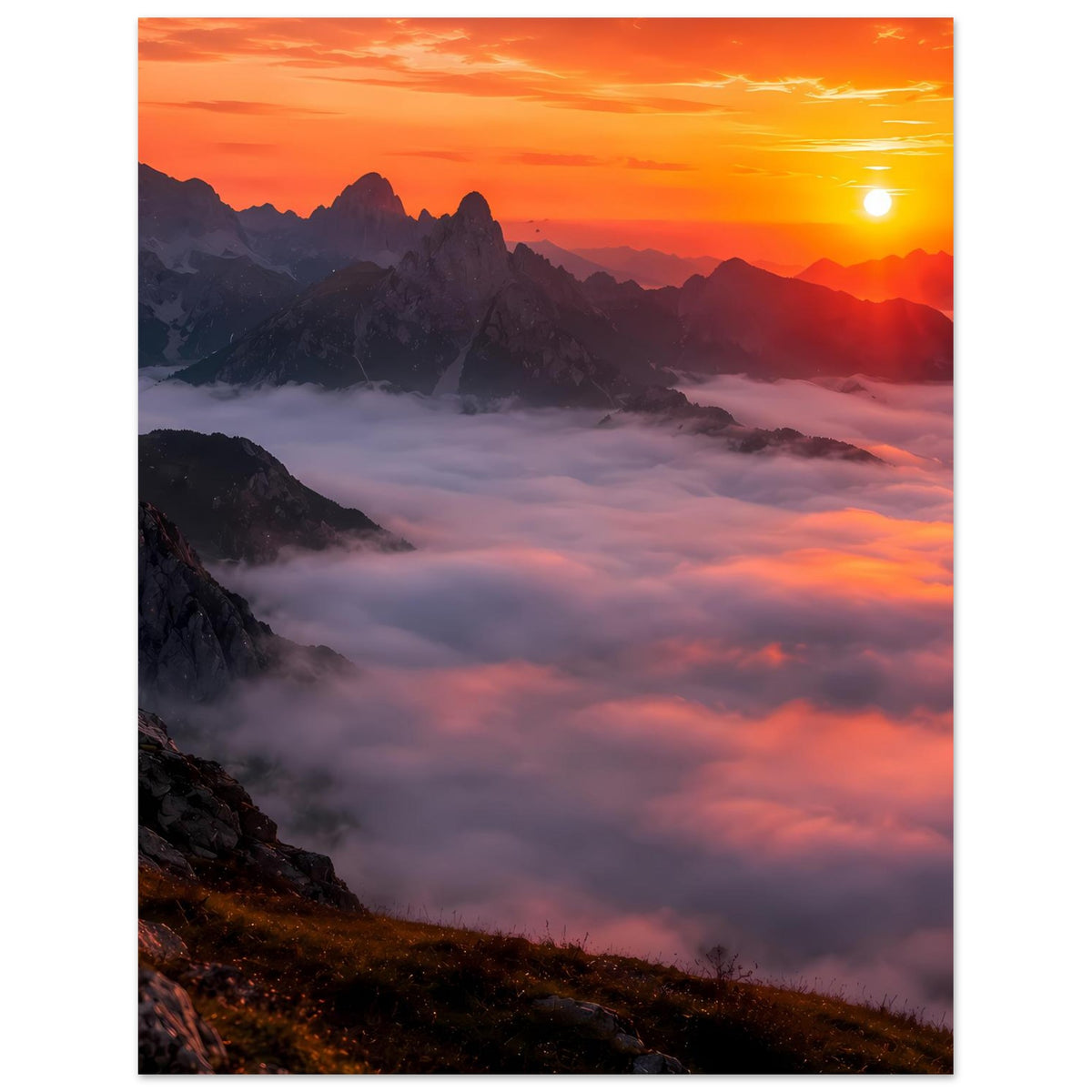 Poster mit Sonnenuntergang über Berggipfeln, Wolkenmeer zieht ins Tal