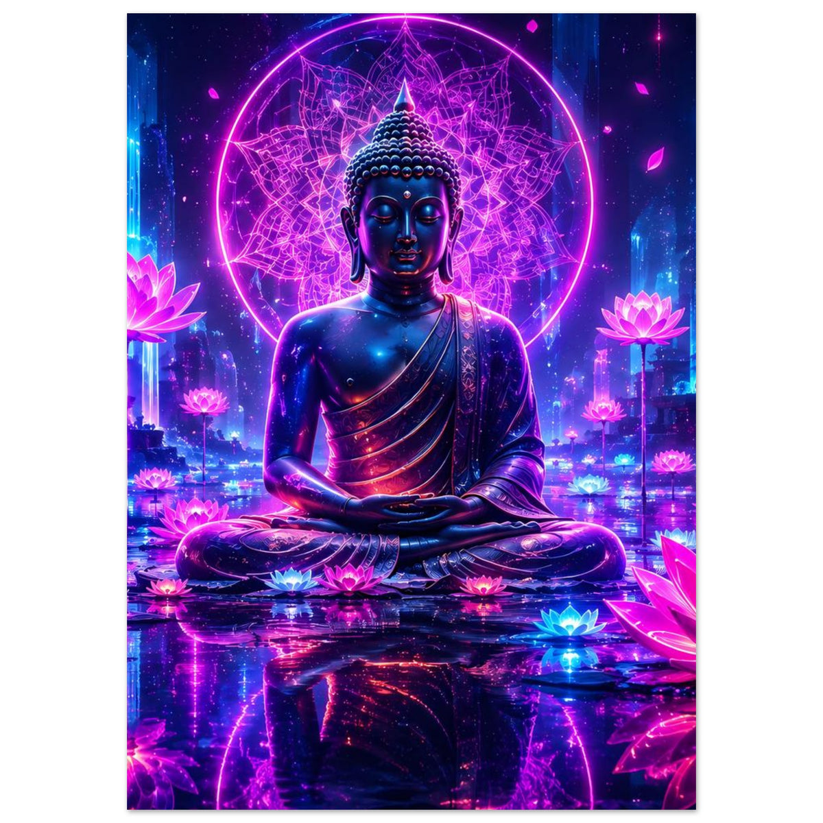 Poster mit Buddha im Lotussitz und leuchtenden Lotusblüten in Neonfarben