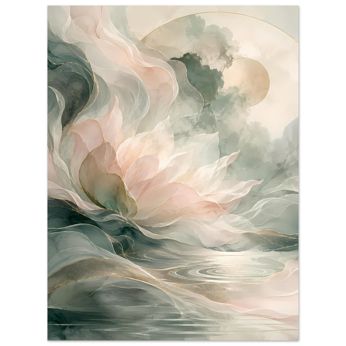 Abstraktes Blumenposter mit weichen Blütenfahnen in Creme, Rosa und Grün, vertikal