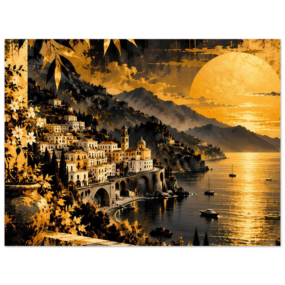 Poster mit Küstendorf am Meer, Gewölbebrücke, Sonnenuntergang und goldenen Blättern