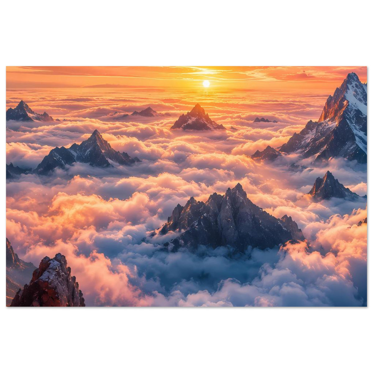 Poster mit Panoramaansicht: Sonne am Horizont, Berge und dichte Wolken