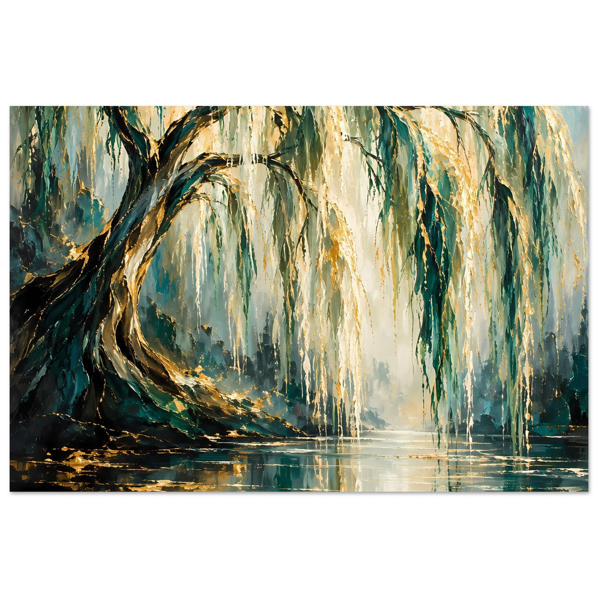 Horizontales Poster mit Weidenbaum und Lichtreflexen im Wasser, grün sowie gold.