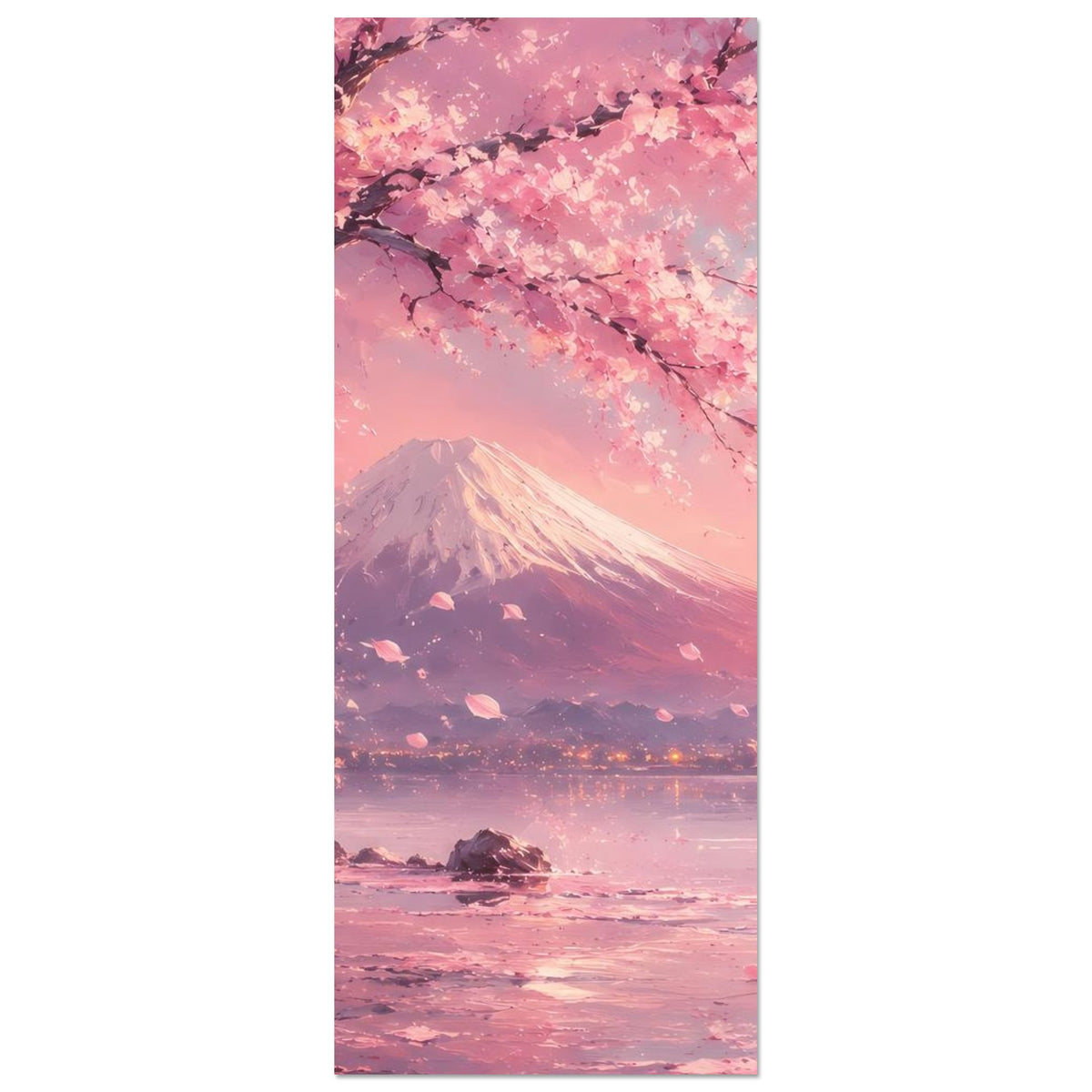 Vertikales Poster mit Kirschblütenzweigen, Fuji-Berg und rosafarbenem See
