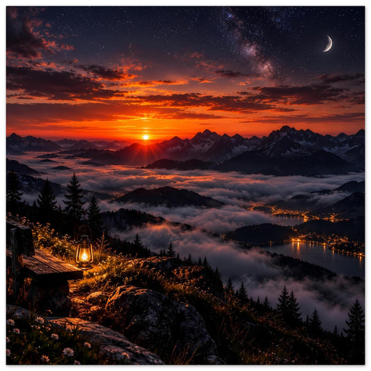Landschaftsposter mit Sonnenaufgang über Bergen, See, Sternenhimmel und Laterne im Vordergrund