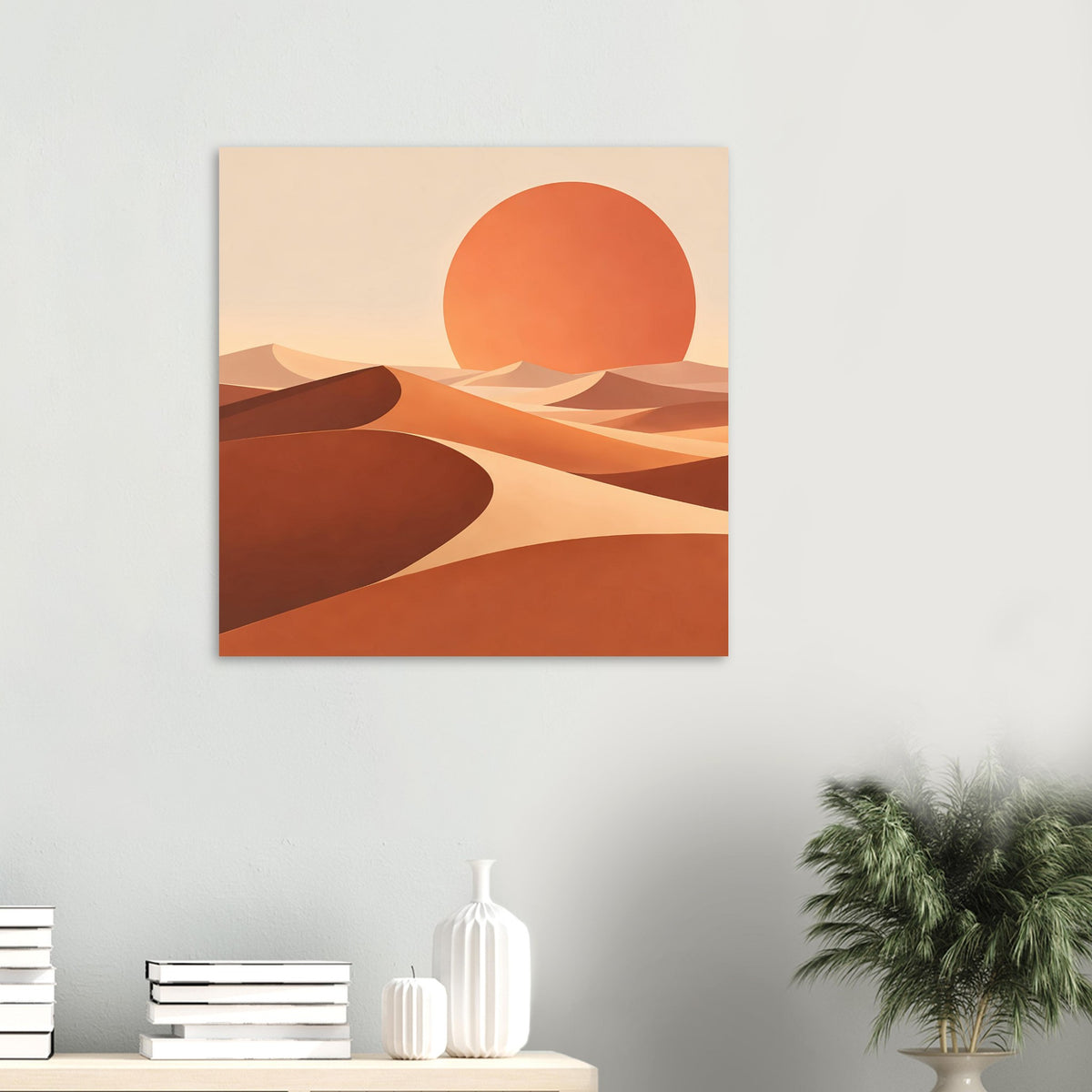 Wandposter (klein, quadratisch) mit orangefarbener Sonne: abstrakte Dünen in Ocker und Brauntönen