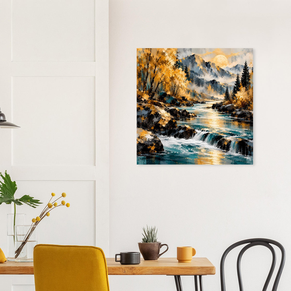 Herbstlandschaft-Poster: Fließendes Wasser, Wasserfälle, Berge im goldenen Licht