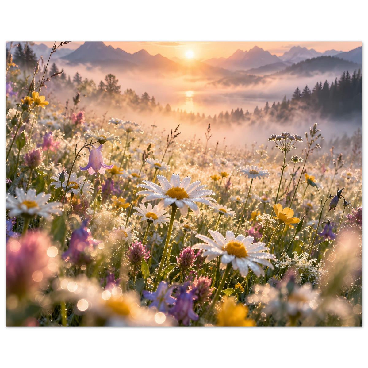 Gerahmtes Poster (horizontal) mit blühender Wiese, Sonnenstrahlen und Bergkulisse im Nebel