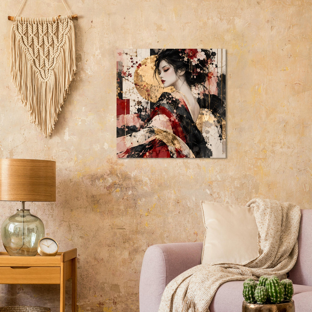 Querformat-Kunstposter mit Frauenporträt, Blumen im Haar, rote Gewandung