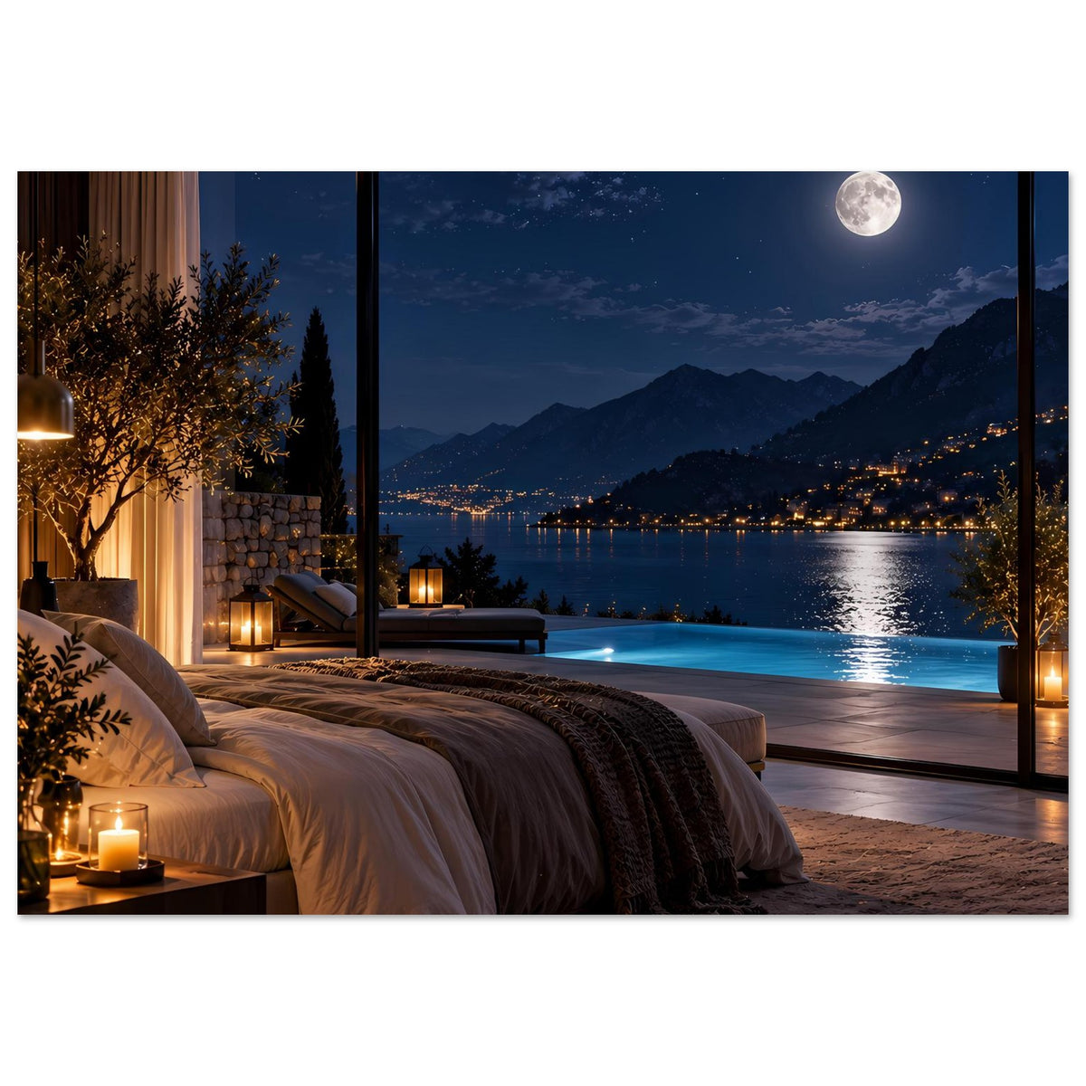 Poster: Bett im Vordergrund, Fensterblick auf Mondnacht, See mit reflektierenden Lichtern