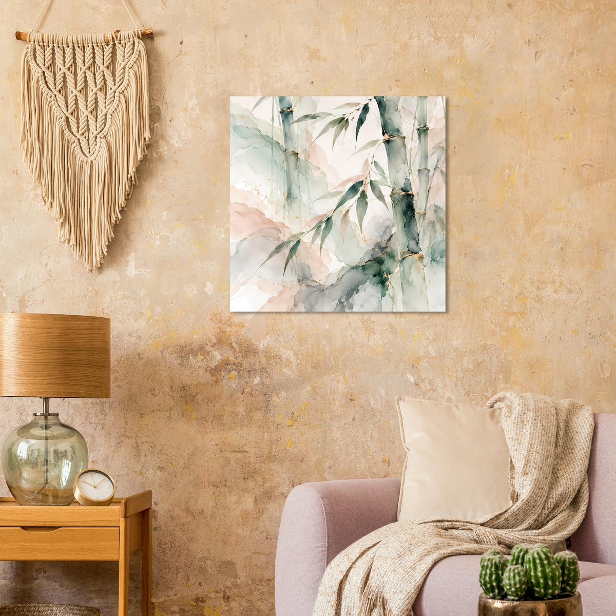 Quadratisches Naturposter mit Aquarell-Bambus und Blättern in Grün und Pastellrosa