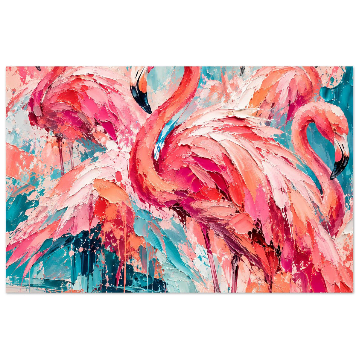 Expressives Vogelkunst-Poster: abstrakter Flamingo in Pink und Türkis mit schwarzen Details