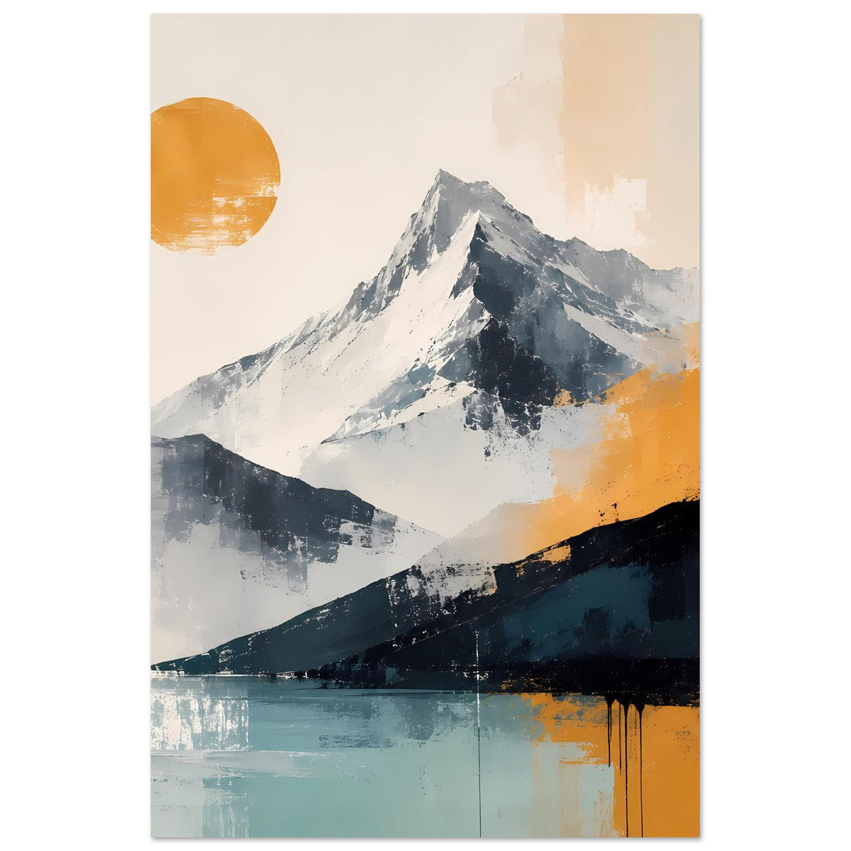 Abstraktes Kunstposter Hochformat: Berge mit Weißschnee, dunkelblauem Vordergrund und Orange