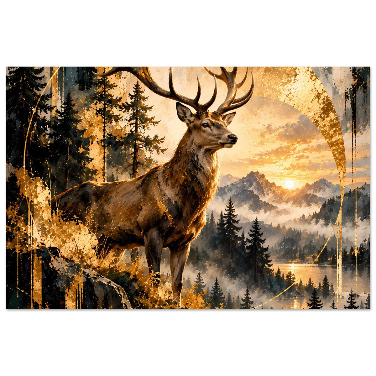Poster mit Hirsch im Vordergrund, Waldlandschaft mit Bergen und orangefarbenem Himmel